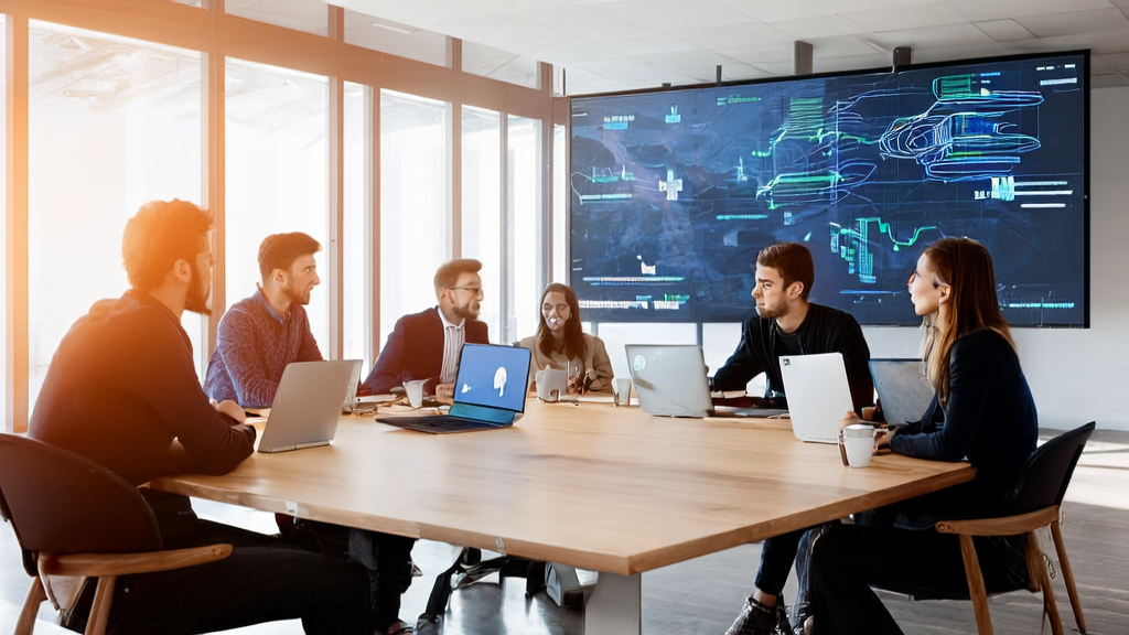 In a modern office, a team is discussing AI marketing strategies with LinkedIn client analysis data displayed on the screen.