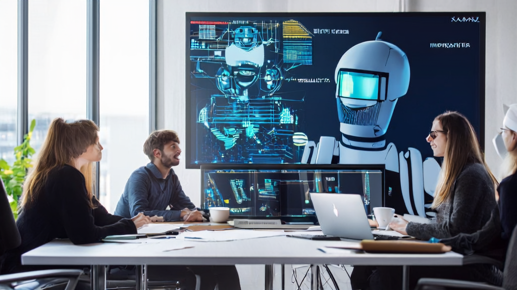 A modern office where a young team is discussing AI email marketing strategies, with a poster of the upgraded Claude chatbot on the wall.