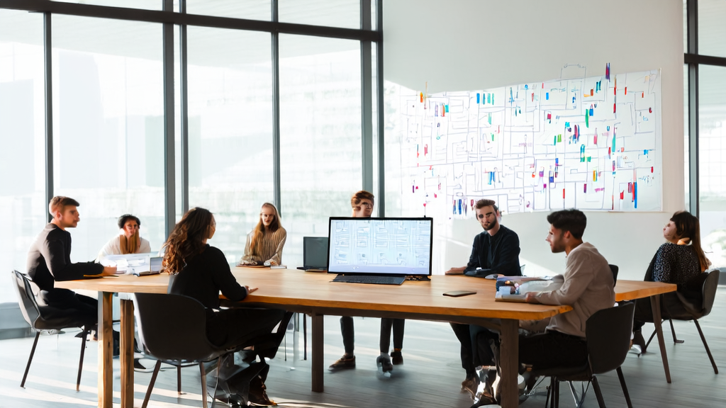 Team discussing AI marketing technology in a modern office