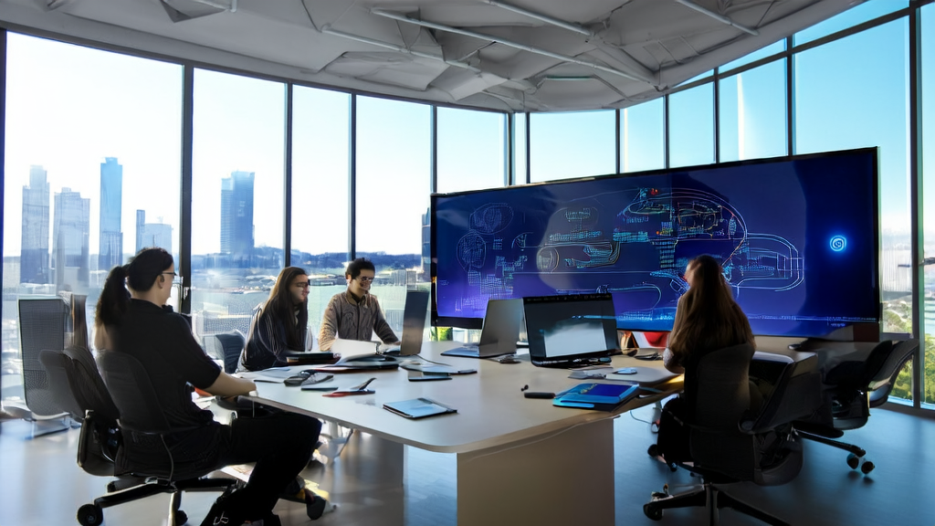 A vibrant team in a modern office enthusiastically discussing Comate AI IDE, showcasing dynamic effects of multimodal and multi-agent collaboration