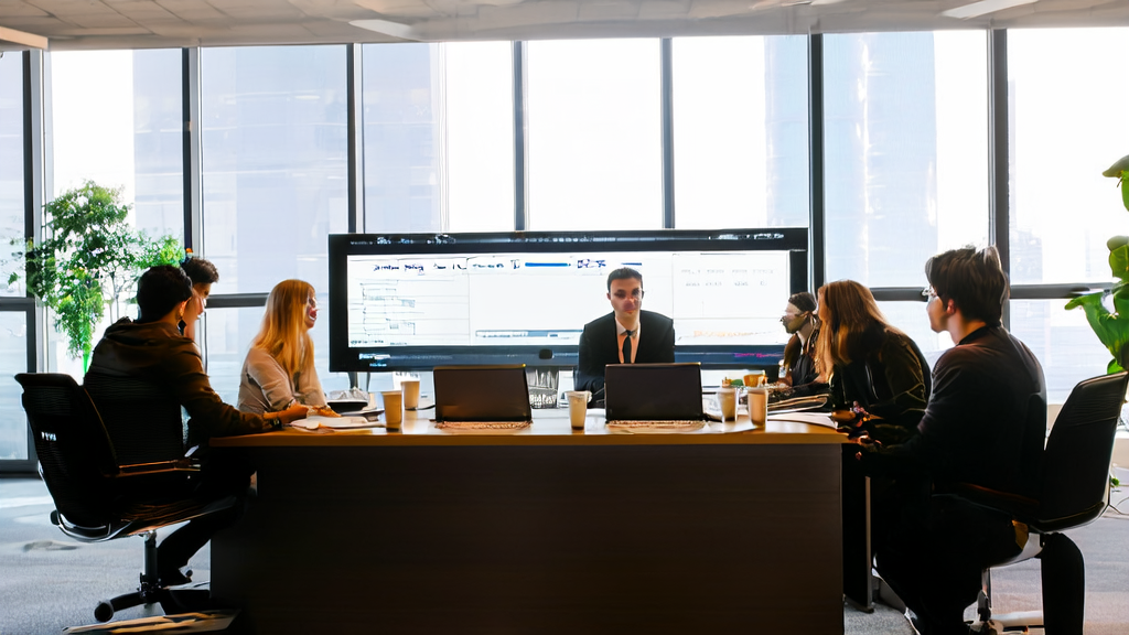 Team members in a modern office discussing Red Sequoia's xbench tool