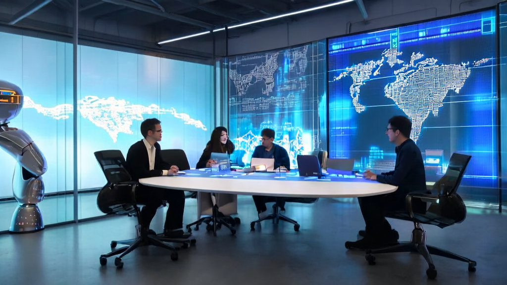 A modern office team discussing data analysis and customer acquisition strategies with an AI assistant