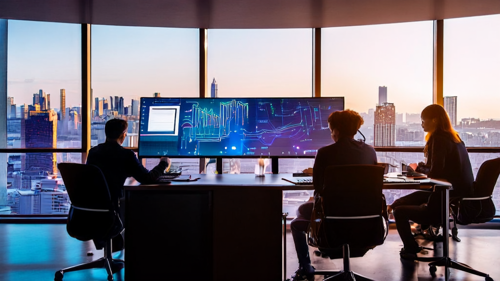 E-commerce team in a modern office using AI tools for data analysis and customer acquisition