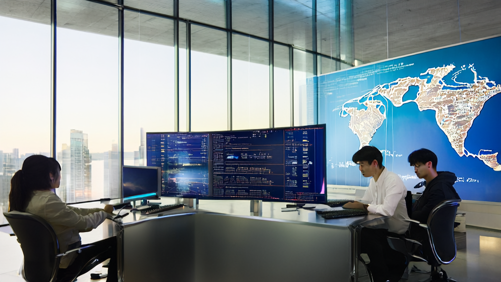 A modern office bathed in sunlight, where engineers are studying Tencent's open-source Hunyuan-A13B model and its impact on AI customer acquisition systems.