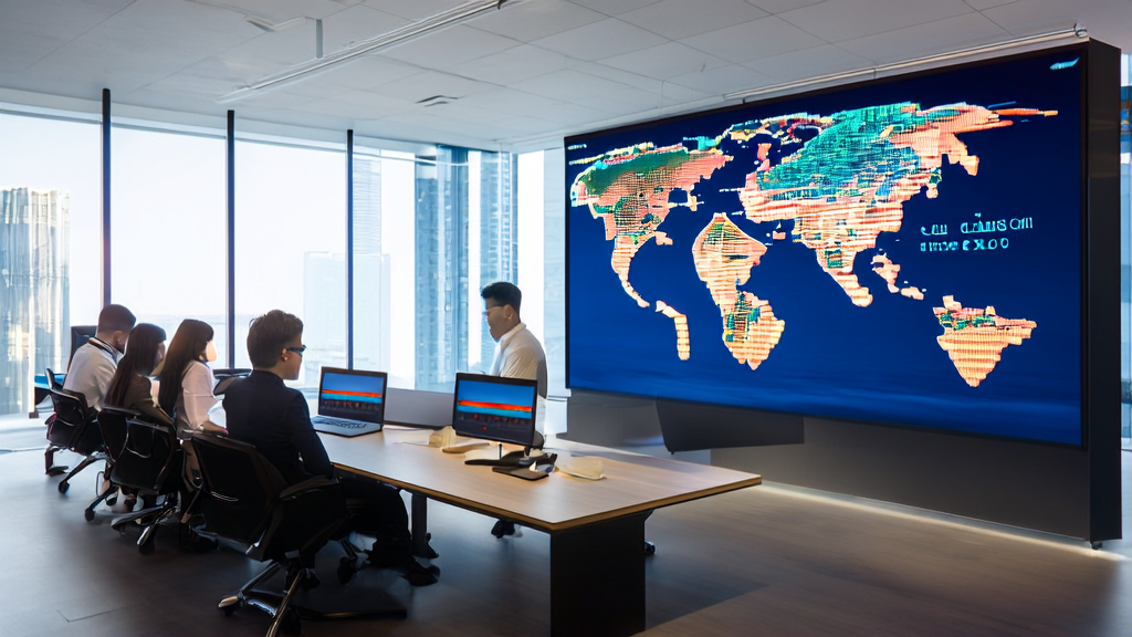 In a modern office, business professionals are analyzing Twitter data with a world map and an AI robot model in the background.
