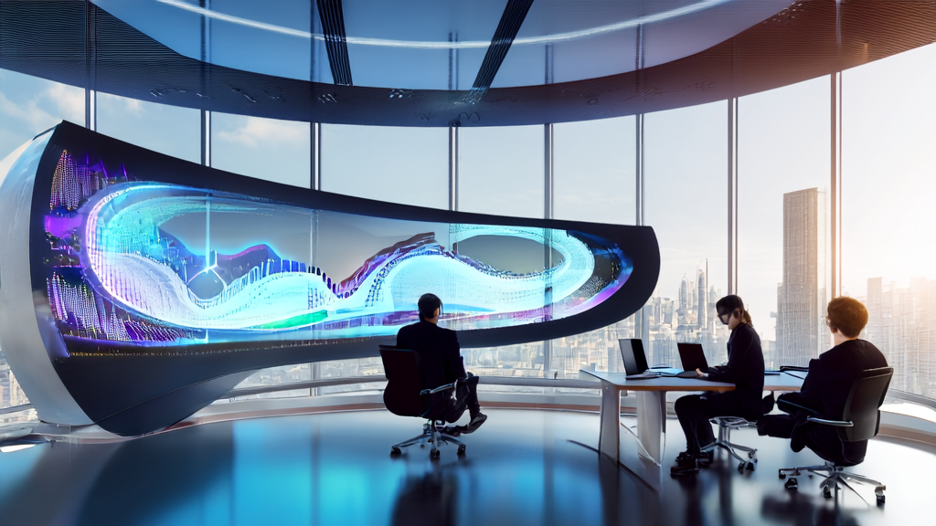 Engineers in a modern office analyzing Twitter data and mult-modal models to optimize AI customer acquisition strategies
