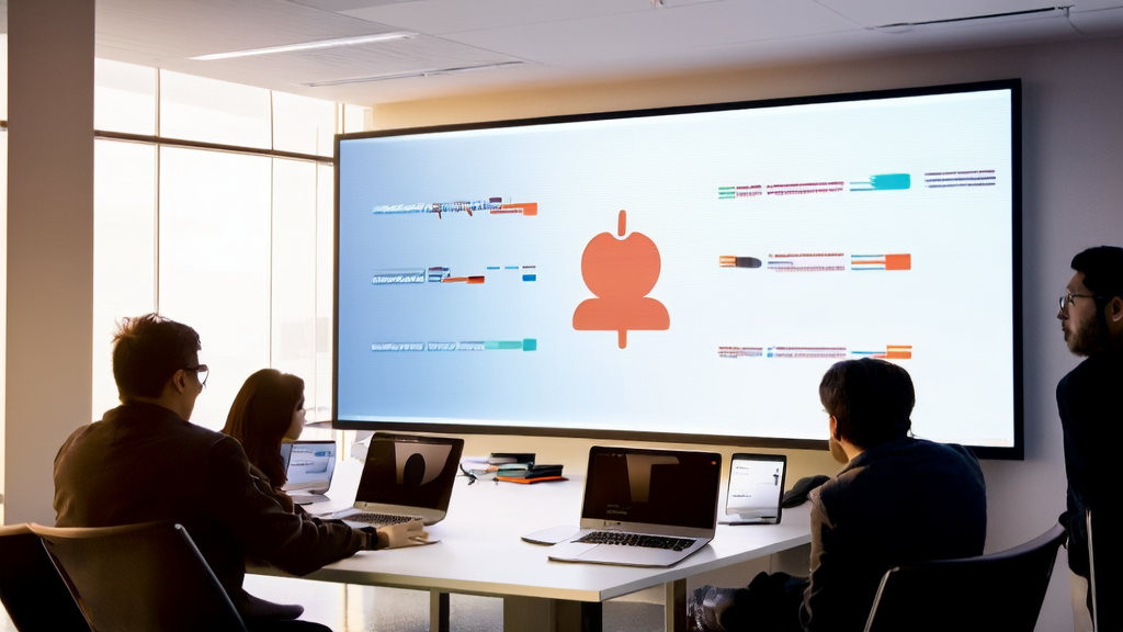 Employees using AI technology for customer data analysis in a modern office