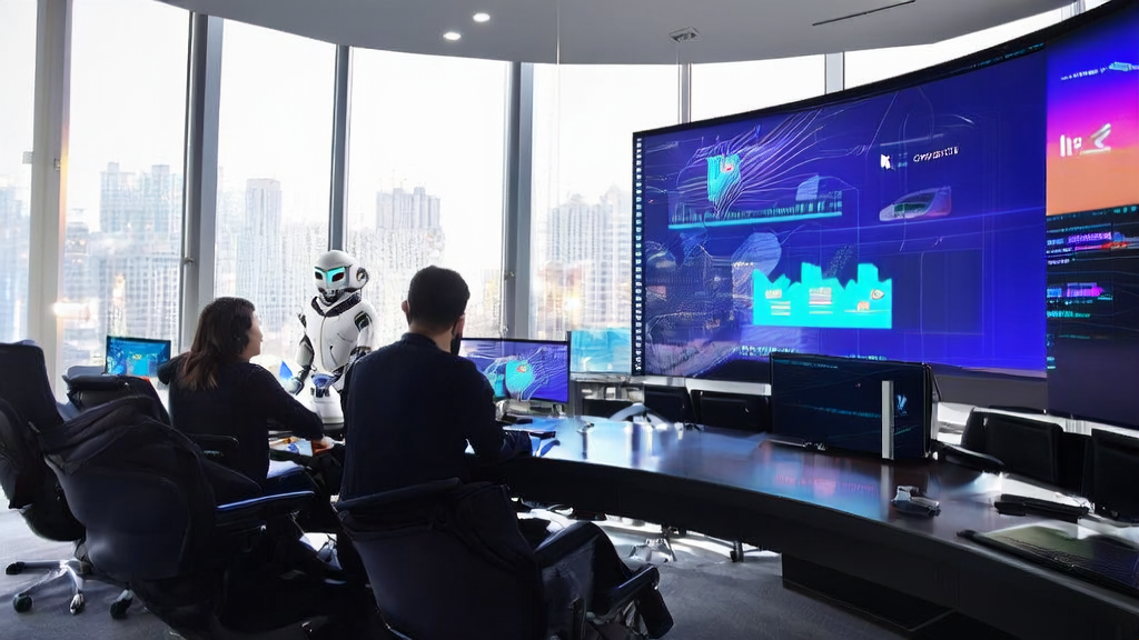 现代化办公室中开发者们正在热烈讨论QwenChat的Web Dev功能，背景是城市风景和Twitter数据流可视化图