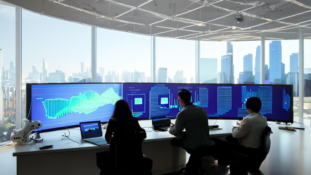 Engineers in a modern office using the Windsurf SWE-1 model for AI development and data analysis
