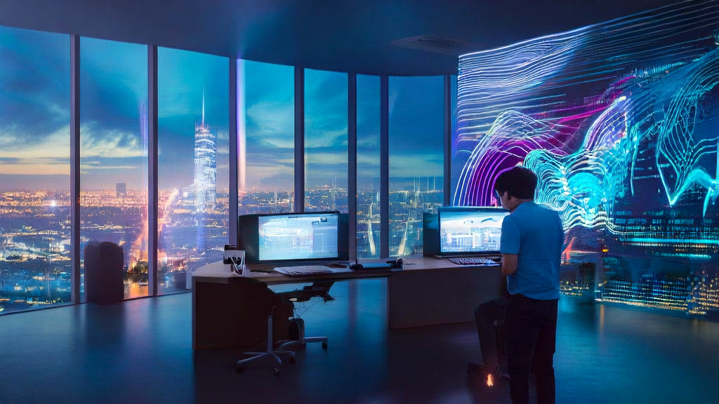 A modern tech office where a programmer is working with AI technology, with AI-generated artwork by Manus displayed on the wall.