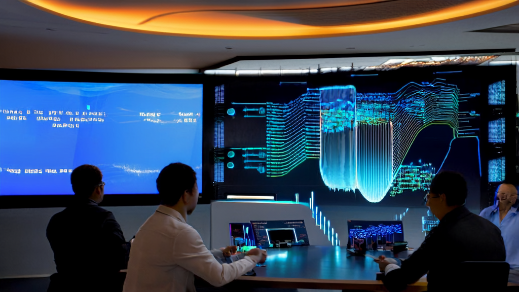 现代化办公室内的员工使用AI智能获客系统进行客户数据分析，背景中有英伟达新款AI芯片模型