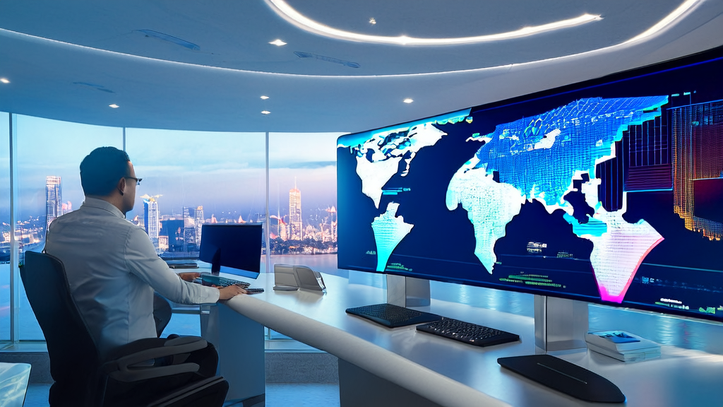 An export trade specialist using an AI intelligent acquisition system in a modern office