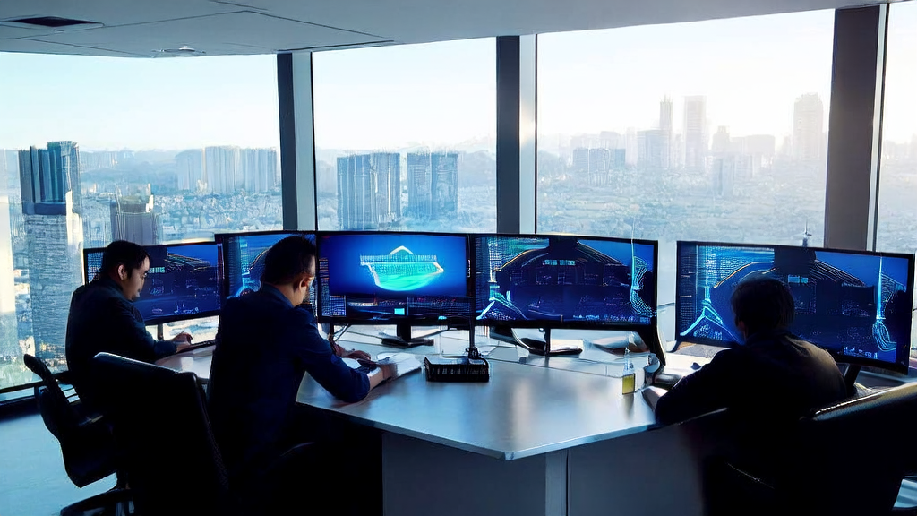 现代化办公室内员工使用AI智能获客系统进行数据分析，窗外是繁华城市景观，角落摆放着英特尔服务器