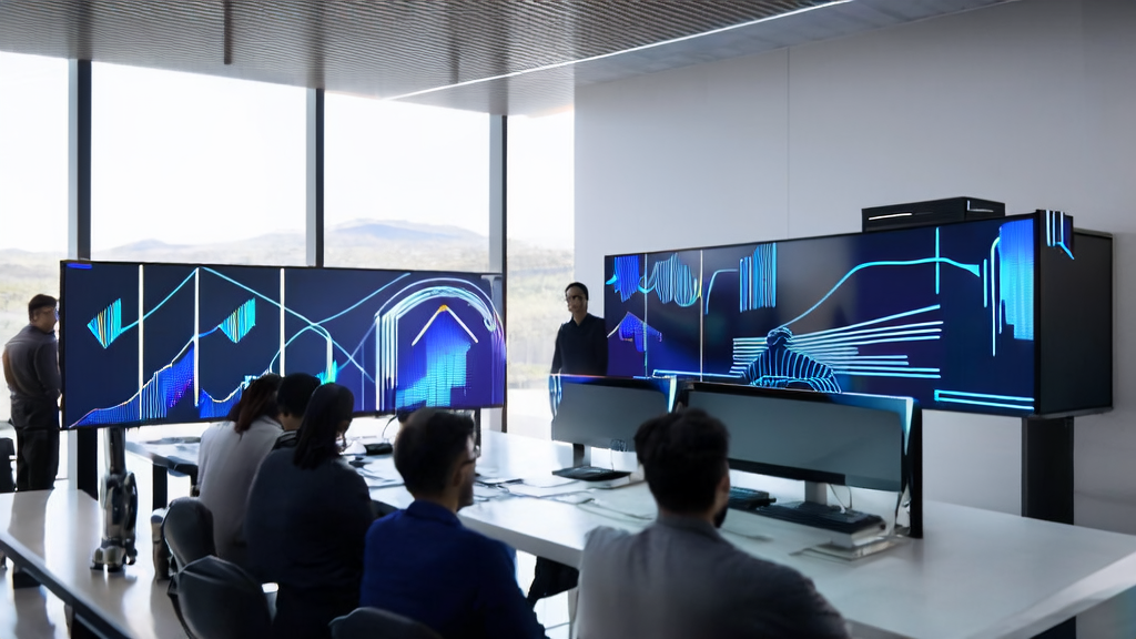 Employees in a modern office using an AI acquisition system to process customer data, with a Tesla logo on the wall