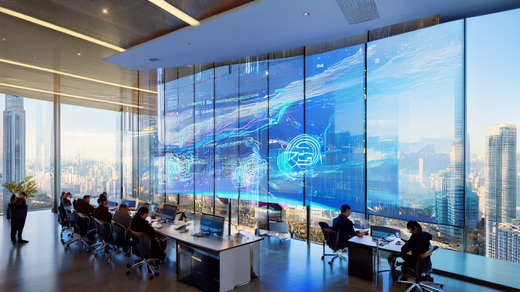 现代化办公大楼中员工使用AI智能获客系统进行高效客户管理