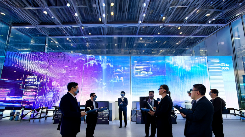 现代化办公大楼内的AI智能获客系统展示区，实时分析客户数据并进行精准营销