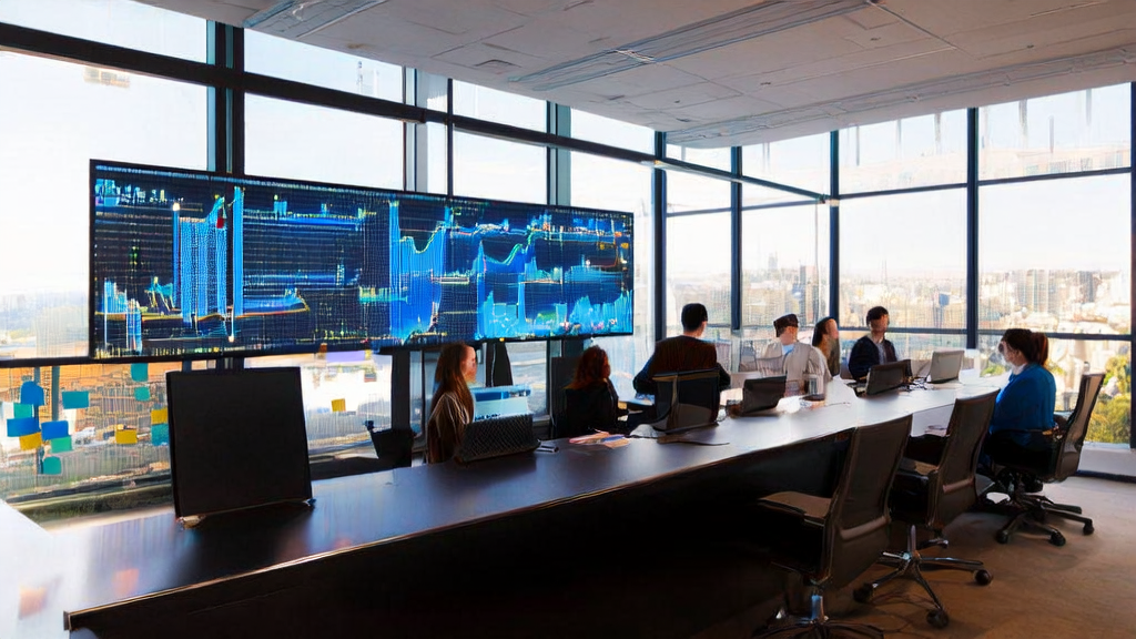 现代化办公室中，员工们利用AI技术进行智能广告投放和精准获客