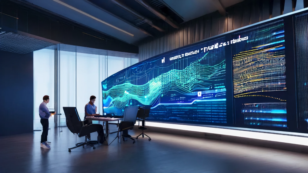 A modern office bathed in sunlight where engineers are using the Meta J1 series model for customer data cleaning
