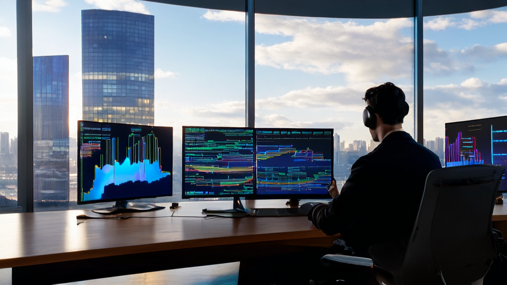 Modern office where an analyst uses the Claude client for AI advertising analysis and real-time user feedback