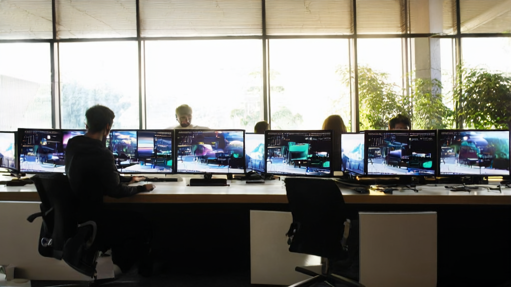 A modern office bathed in sunlight, where engineers are creating images using the Gemini platform and Imagen 4