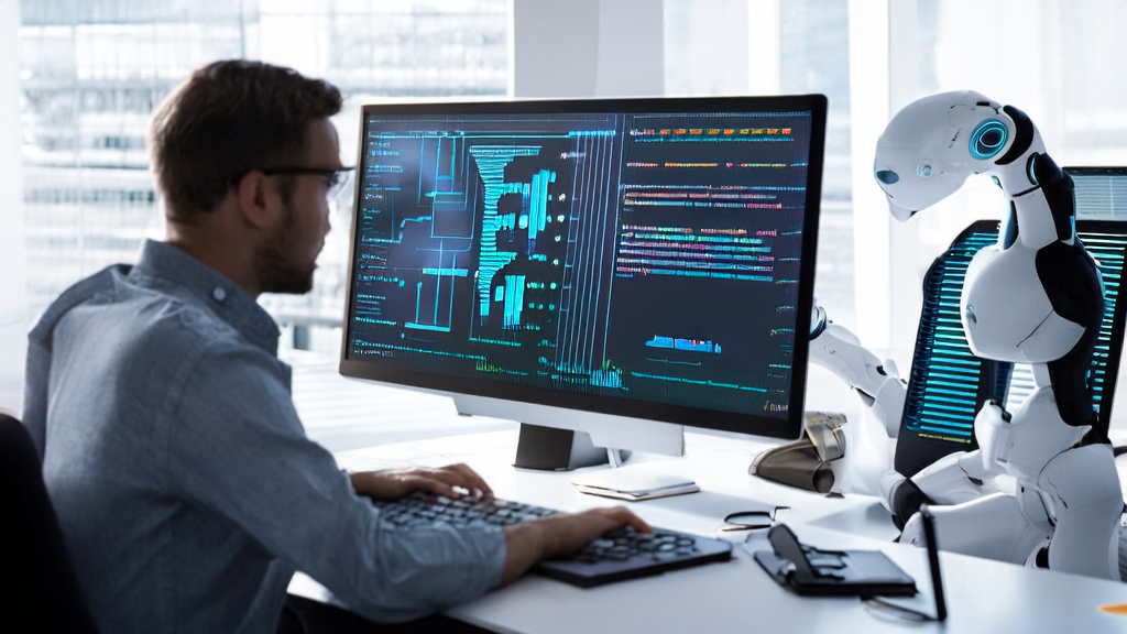In a modern office, a programmer works alongside the AI assistant Kimi K2 to optimize email content, with the Aider Leaderboard's latest test results displayed on the wall.