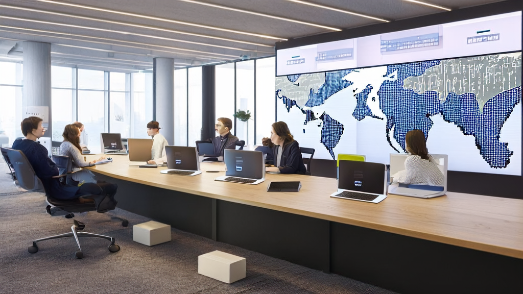 Employees collaborating efficiently using Slack and AI assistant in a modern office