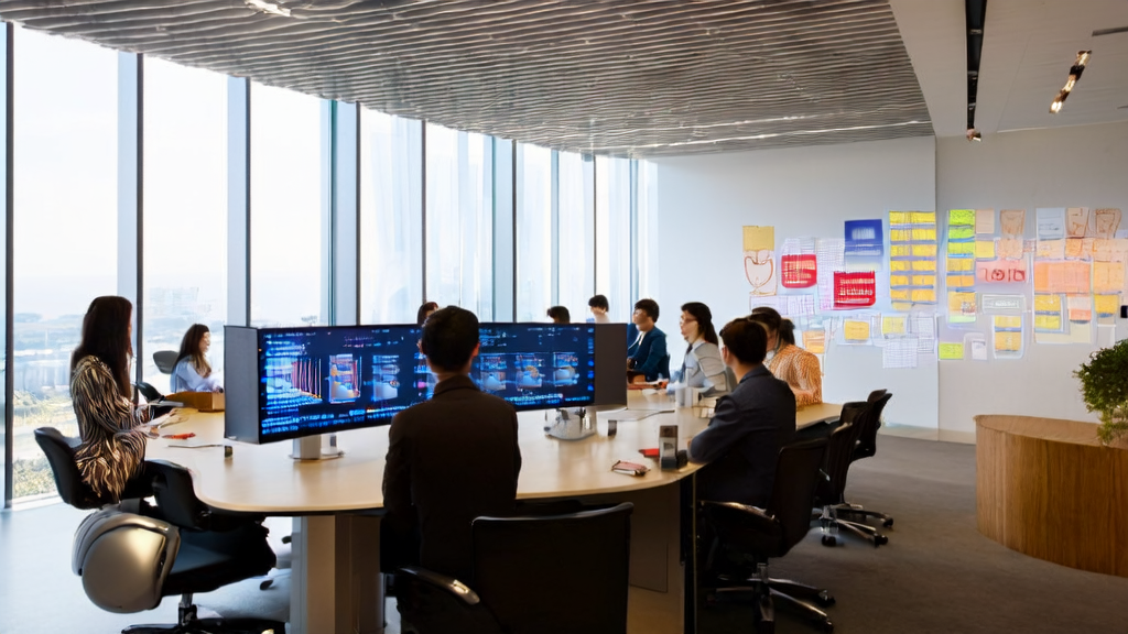 A modern office bathed in sunlight where employees are using AI technology for customer data collection and email marketing strategy analysis, with a robotic assistant nearby.