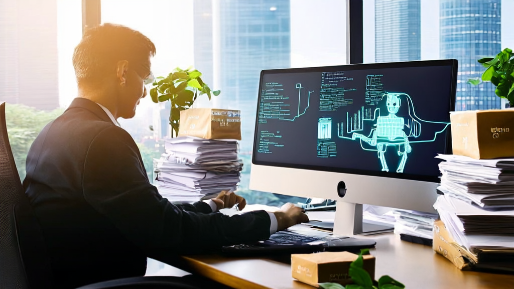 In a modern office, an export salesperson uses an AI assistant to polish an export email, with sunlight streaming through the windows