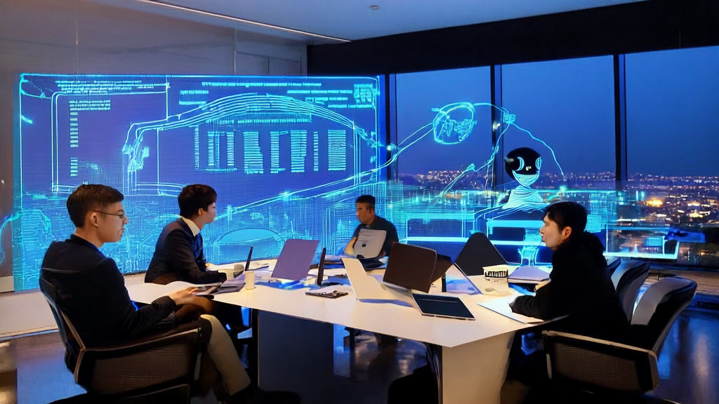 Modern office where entrepreneurs use an AI assistant for keyword mining optimization to boost e-commerce traffic