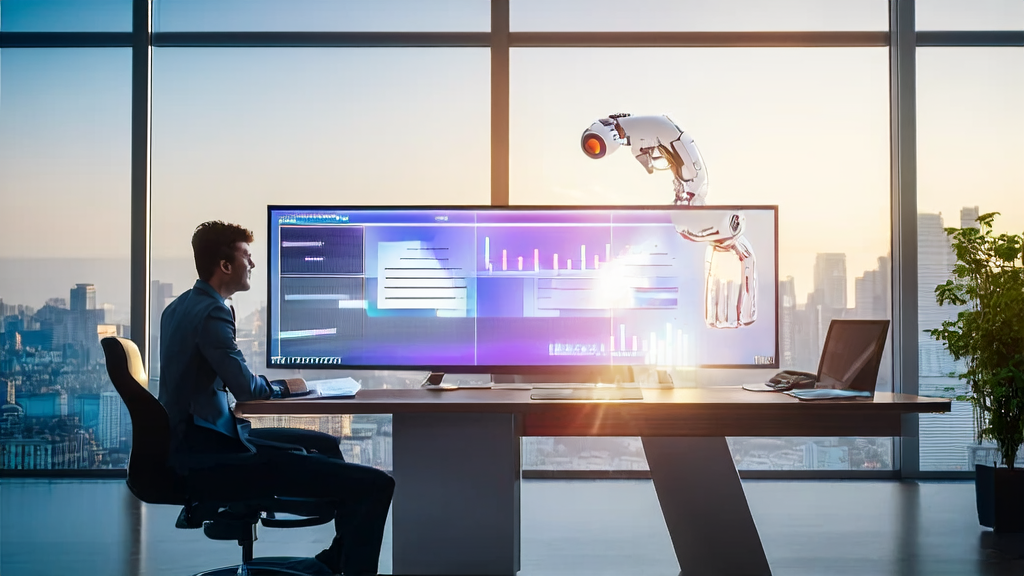 Modern office where a business professional collaborates with an AI assistant for email marketing