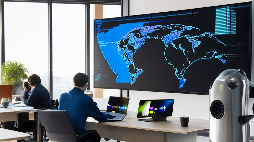 Employees in a modern office using AI technology for data analysis and customer targeting