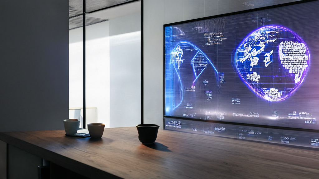 阳光明媚的现代化办公室中，跨境电商从业者在查看Google Labs AI助理CC发送的个性化早间邮件，旁边是热气腾腾的咖啡和全球地图。