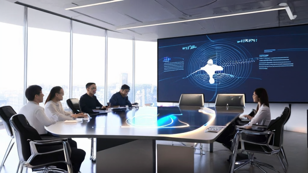 现代化办公室内的员工使用AI桌面助手Glass进行会议，墙上显示AI预测模型数据