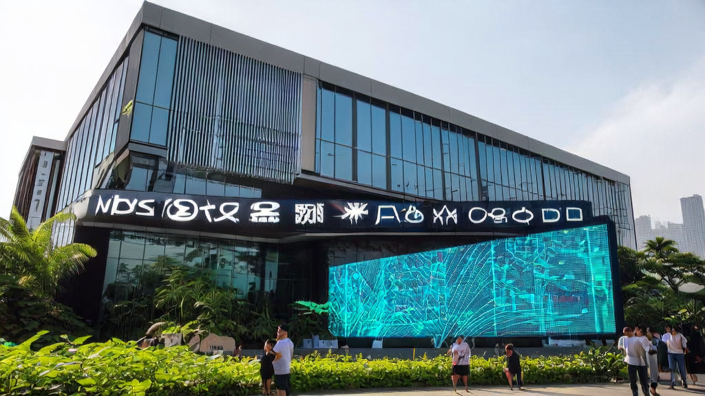 A modern office building under the Southeast Asian sun, with technicians gathered around a large screen displaying AI algorithms and data streams, against a backdrop of the city skyline, featuring the Tencent Cloud AI Builder logo.