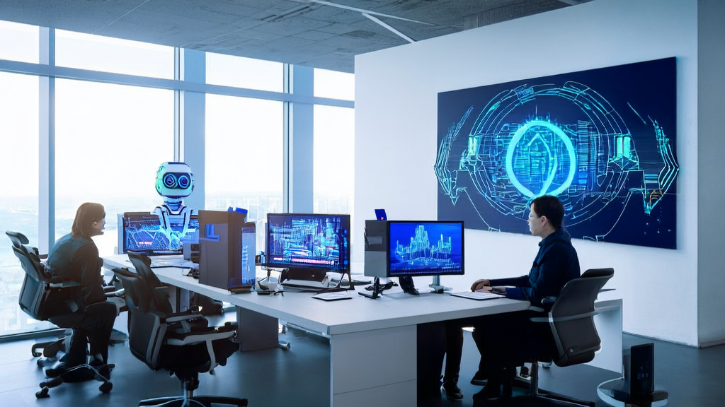 A modern office bathed in sunlight, where employees are using smart devices for AI-driven customer data collection, with an AI chatbot model demonstrating the features of Grok 4 in the corner.