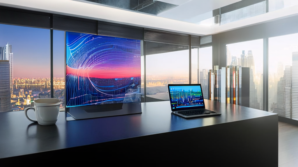 A modern office showcasing a complex AI client prediction model and data analysis interface, with warm sunlight and awards in the background.