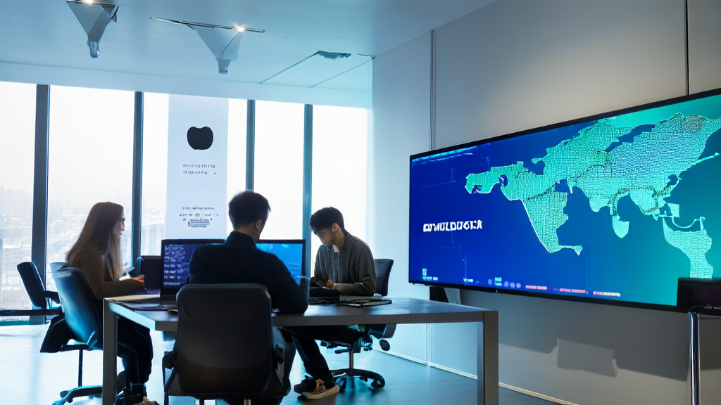现代办公室中展示苹果与Anthropic合作的AI编程平台及LinkedIn客户分布图