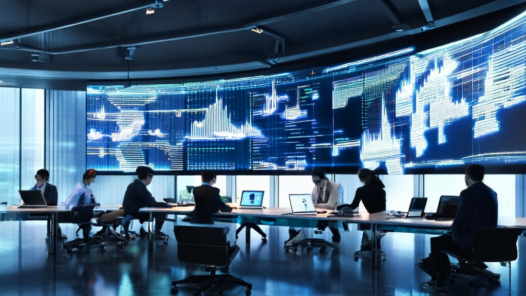 Modern office building with an AI control center displaying customer data and analysis, employees optimizing marketing strategies