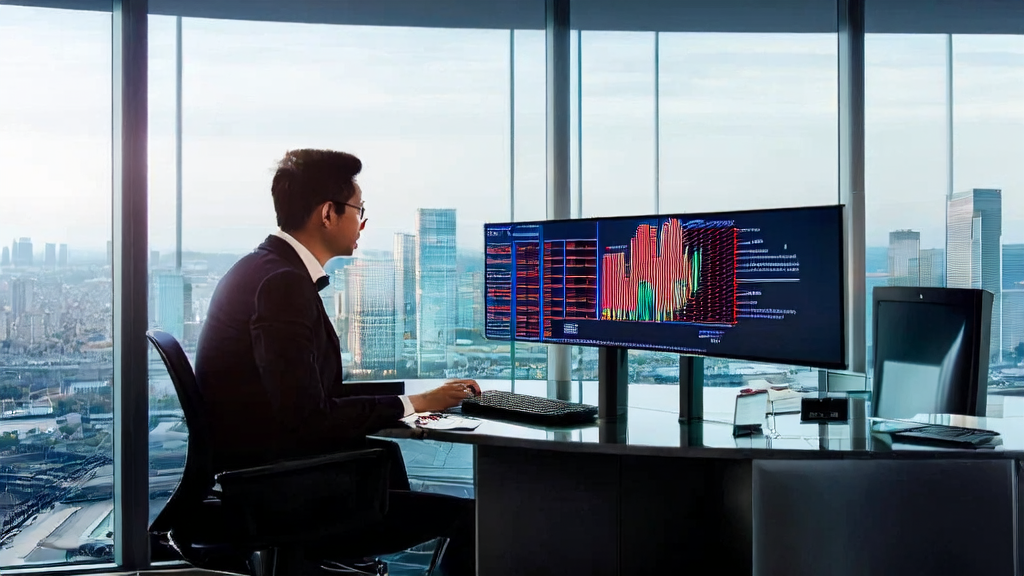An analyst in a modern office using an AI customer acquisition system for data analysis, with a wall poster of the Alibaba Qwen2.5 model and marked controversy points in the background.