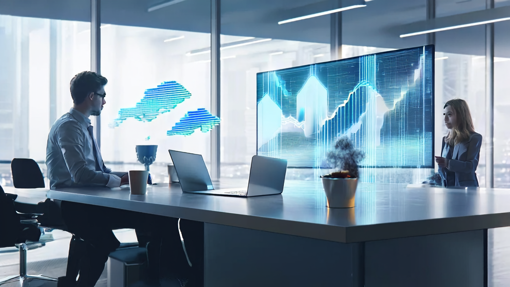 Employees in a modern office using AI smart customer acquisition system to analyze customer data