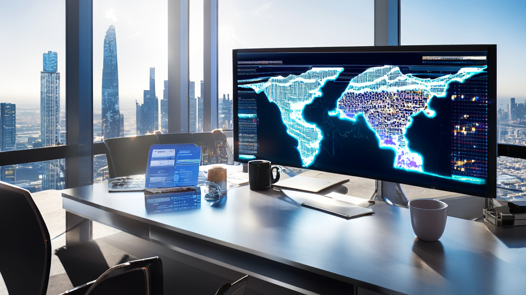Modern office with AI customer acquisition system interface, showcasing export market analysis reports and city skyline