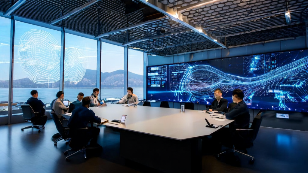 现代化办公室展示AI智能获客系统，工程师们正在讨论如何利用AI技术提升获客效率