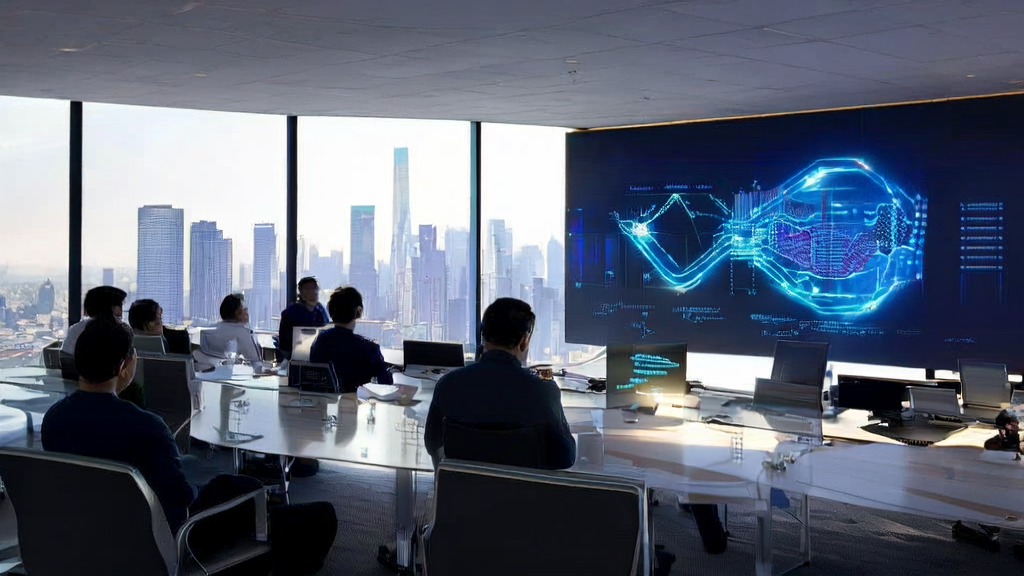 现代化办公室中展示AI客户预测模型的应用,背景为城市天际线,前景为员工与微软Copilot互动。