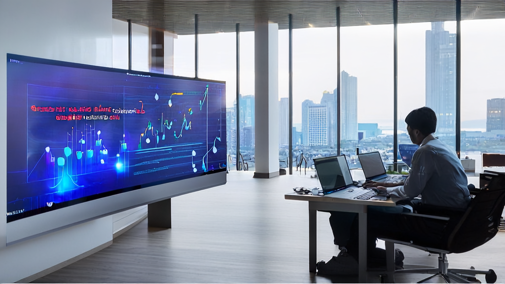 A modern export company office where employees are using AI customer prediction models to analyze data and adapt to Apple's new regulations.