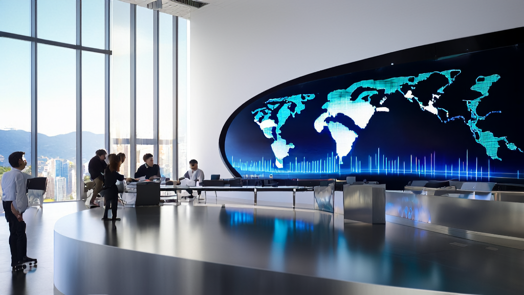 现代化办公室中的AI客户预测模型展示，工程师们正在分析全球跨境电商数据
