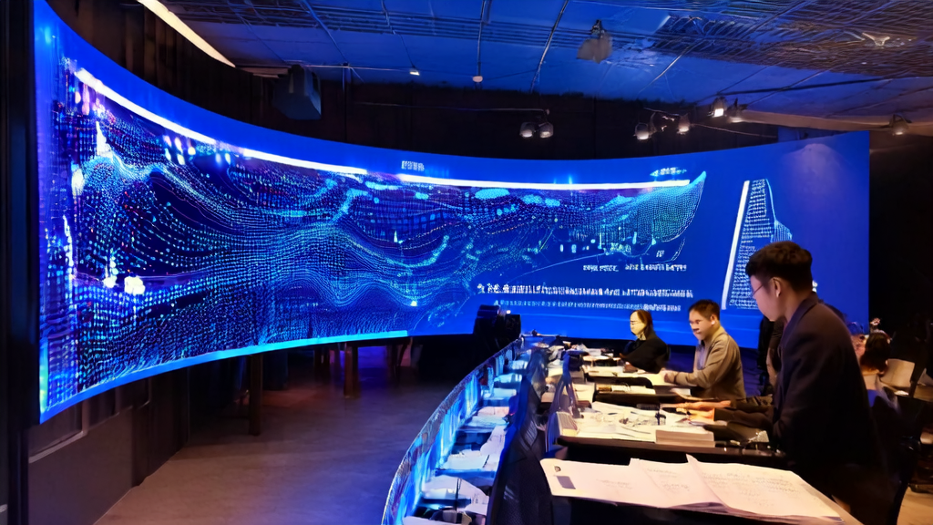 现代化办公室中，数据分析师们正在研究AI客户预测模型，墙上挂着Runway Gen-4.5视频生成模型的海报。