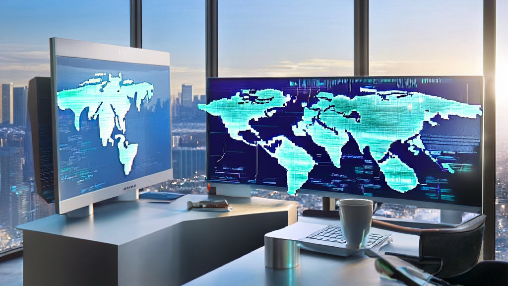Young analyst using AI customer prediction model to analyze cross-border e-commerce market data in a modern office
