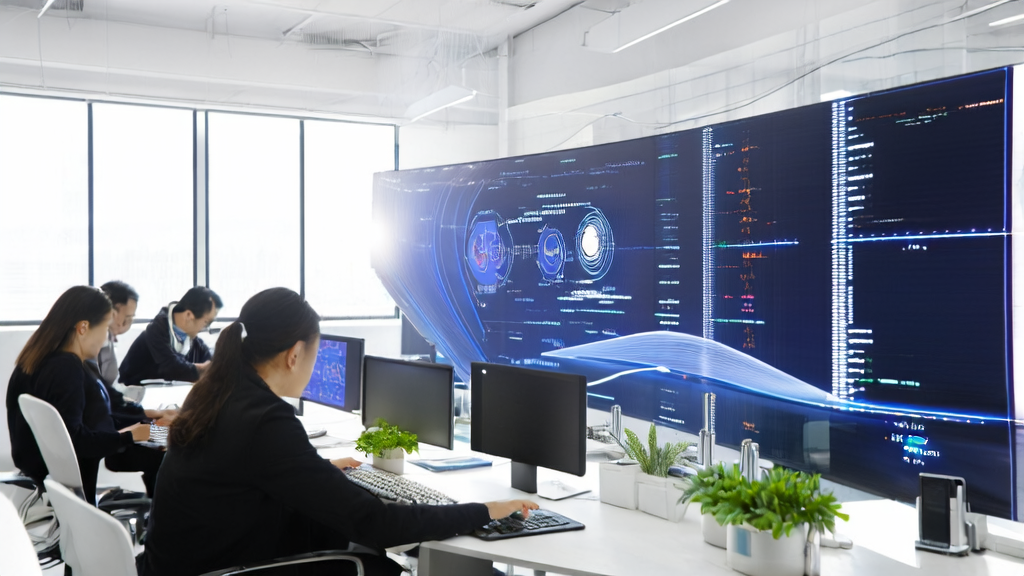 Employees in a modern office using DingTalk ONE for AI data cleaning