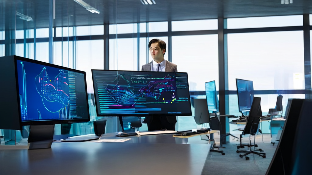 Modern office where an employee uses the open-source AI desktop assistant Glass for efficient meeting recording and data organization
