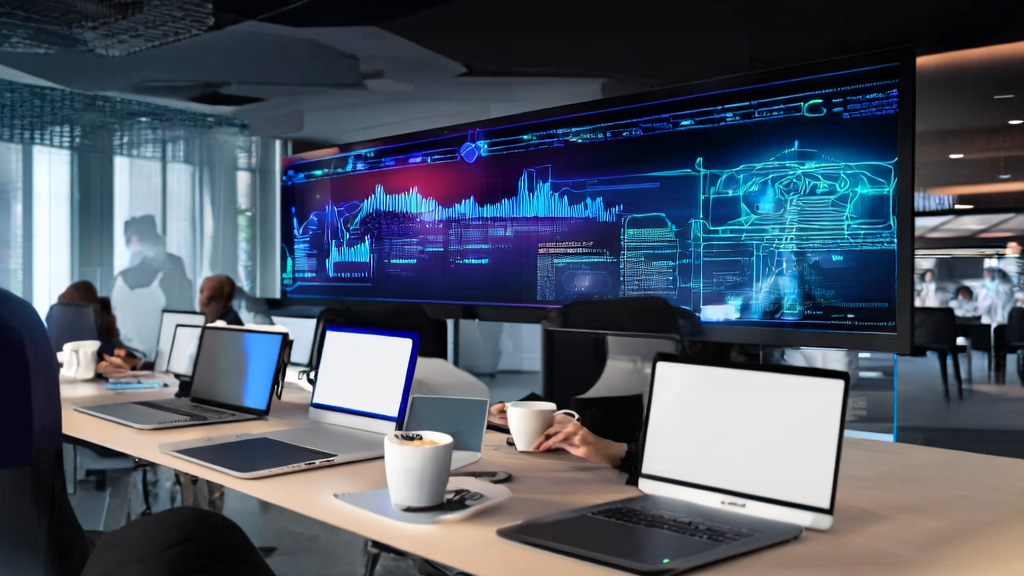 Employees in a modern office using AI email marketing tools to enhance productivity